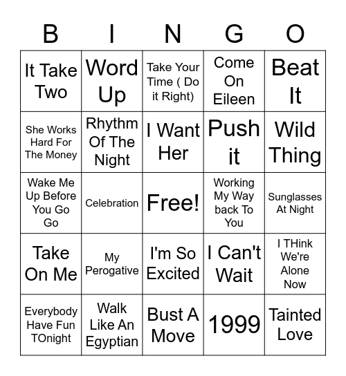 80's Dance Bingo Card