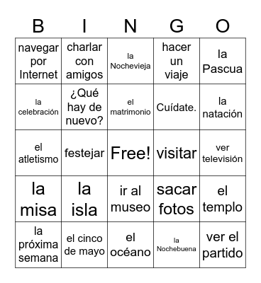 Leisure Vocab Bingo Card