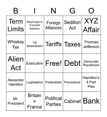 (1)Washington & (2)Adam's Presidency Bingo Card