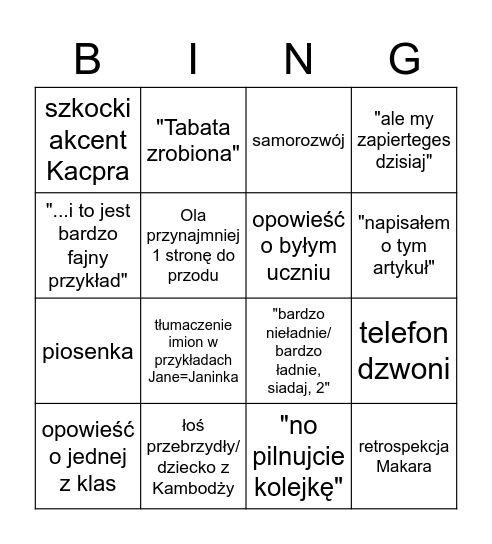 lekcja angielskiego Bingo Card