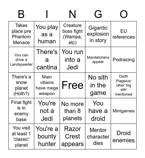 Star War Game Bingo Card