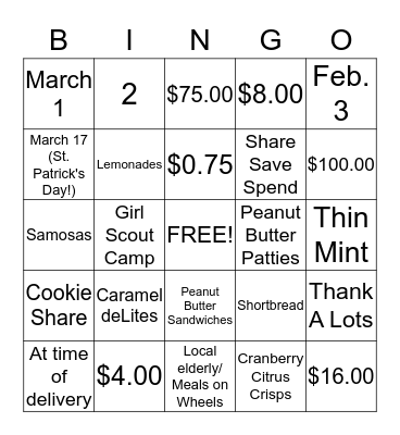 Girl Scout Cookie BINGO Card