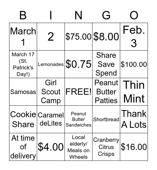 Girl Scout Cookie BINGO Card