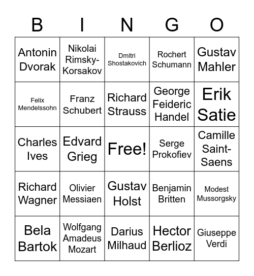 Classical Composers Bingo Card