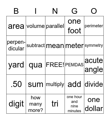 Math Vocabulary Bingo Card