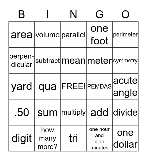 Math Vocabulary Bingo Card