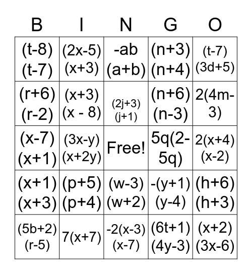 Factoring Bingo Card