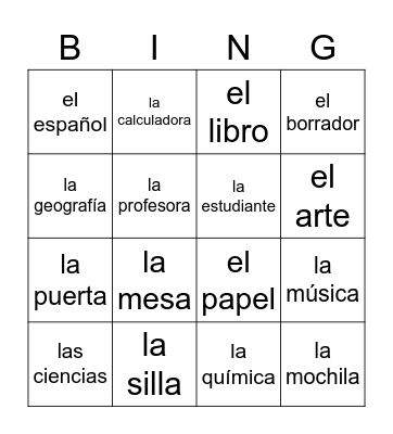 Spanish I Bingo Card