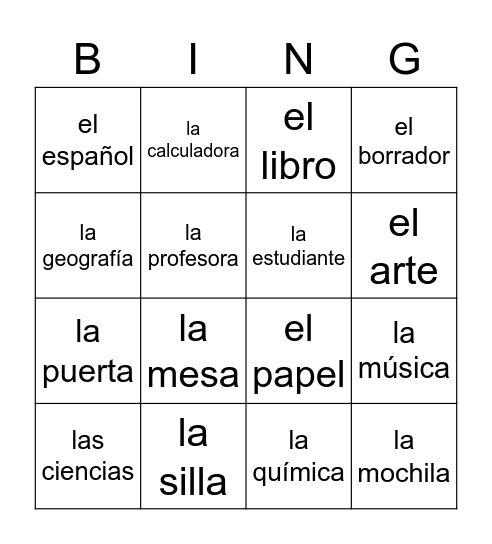 Spanish I Bingo Card