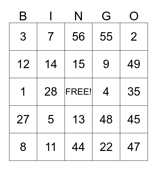 Number Bingo Card