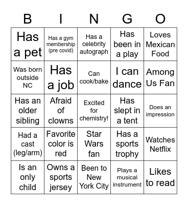 Getting to Know You Bingo Card