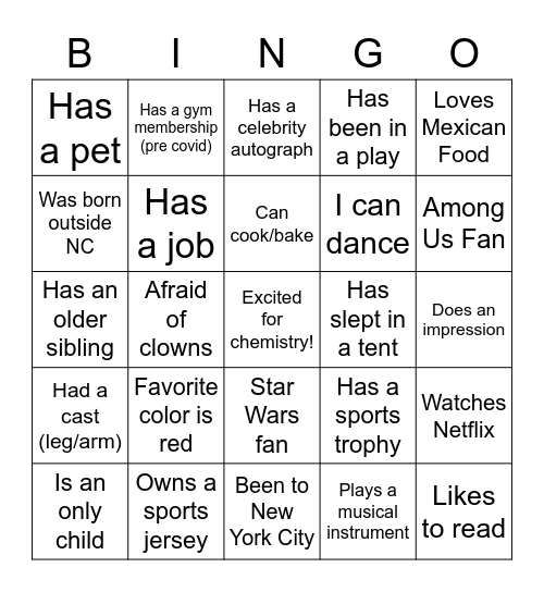 Getting to Know You Bingo Card