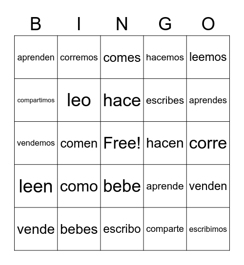 er/ir verbs Bingo Card