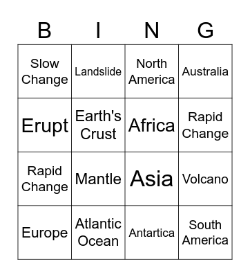 Earth's Forces, Continents and Oceans Bingo Card