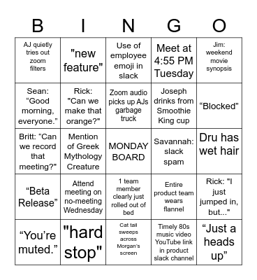 Product Team Zoom Bingo Card
