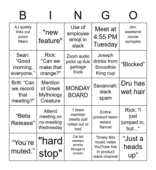 Product Team Zoom Bingo Card
