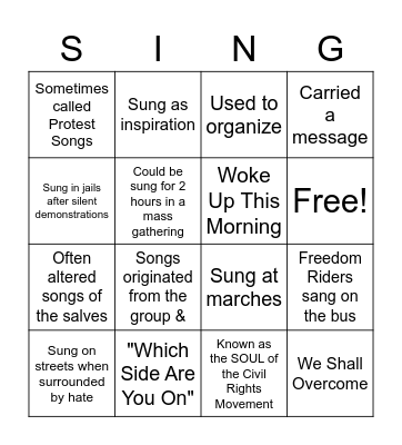 Freedom Songs Bingo Card