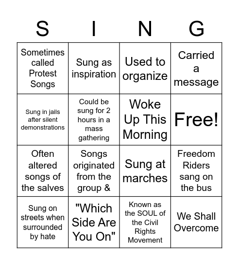 Freedom Songs Bingo Card