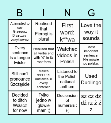Polish Language Bingo Card