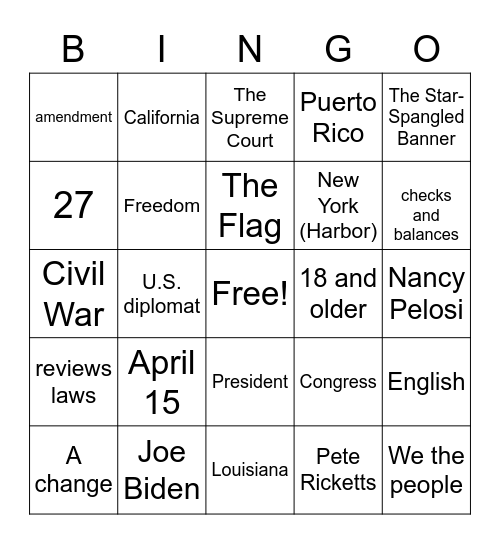 Citizenship BINGO Card
