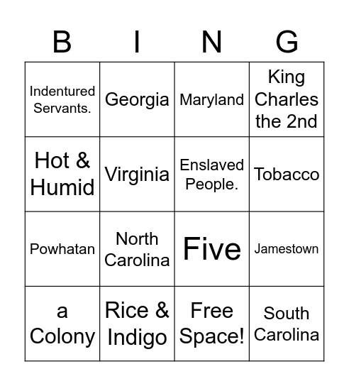 Southern Colonies Guided Practice Bingo Card