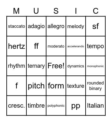 Musical Terms and Expressions Bingo Card