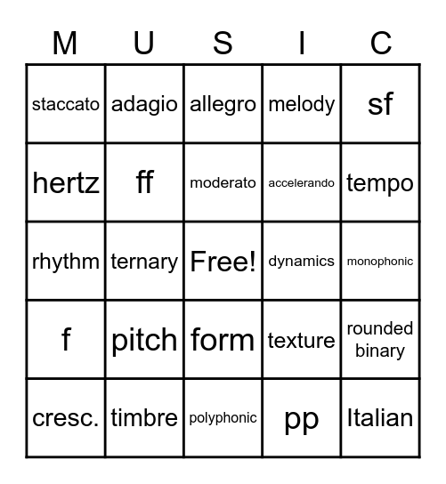 Musical Terms and Expressions Bingo Card