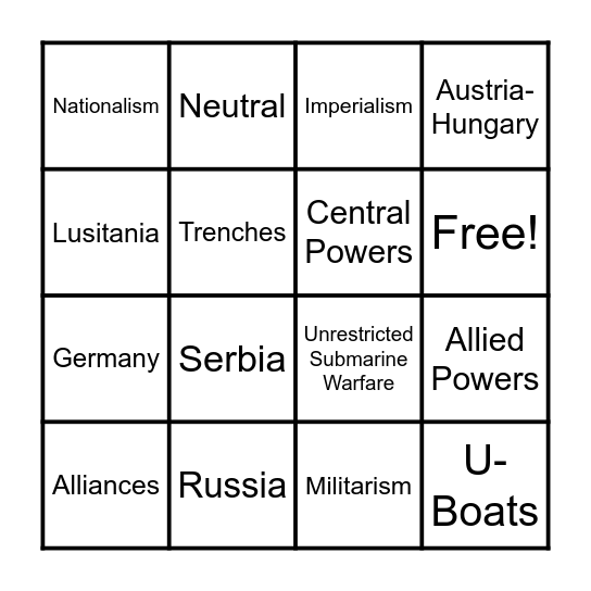 World War One Review Bingo Card