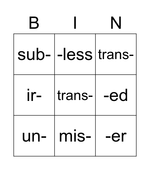 prefix Bingo Card