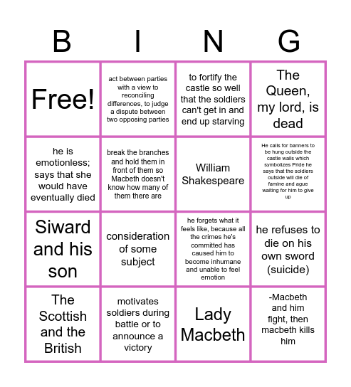 Macbeth Bingo Card