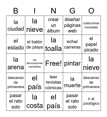 Leisure Vocab Bingo Card