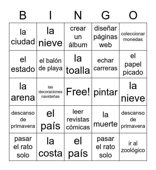 Leisure Vocab Bingo Card