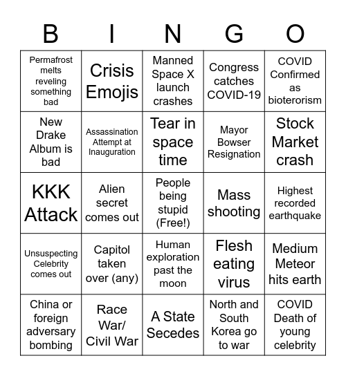 2021 Apocalypse Bingo Card