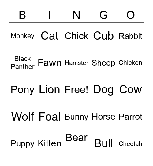 Animal bu Bingo Card