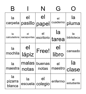 School Bingo Card