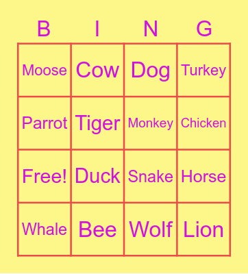 Animals Bingo Card