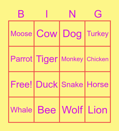 Animals Bingo Card