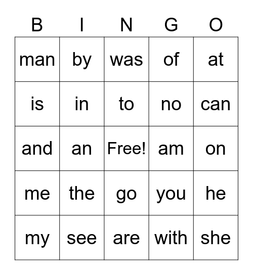 Sight Word Bingo Card