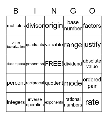 6th Grade Math Vocabulary Bingo Card