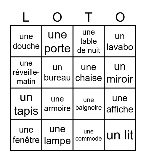 Unité 7 C- La Chambre Bingo Card