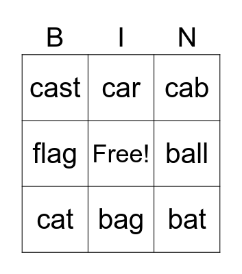 WORDS WITH SHORT A Bingo Card