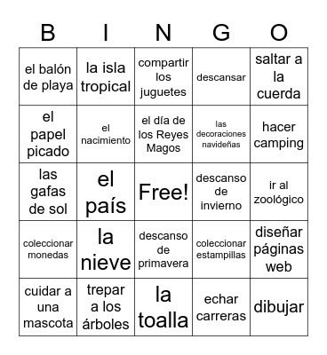 Leisure Vocab Bingo Card