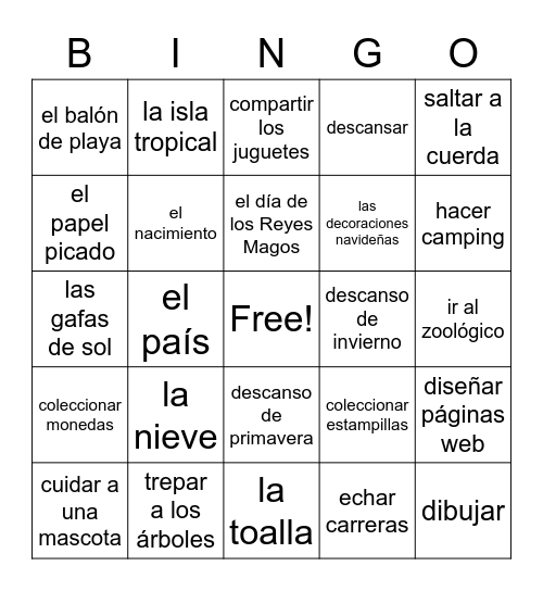 Leisure Vocab Bingo Card