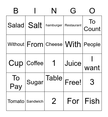 Restaurant Spanish Vocab Bingo Card