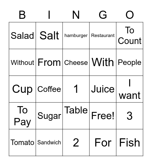 Restaurant Spanish Vocab Bingo Card
