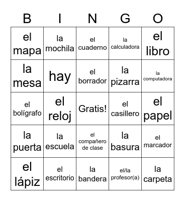 Classroom Objects (Spanish) Bingo Card