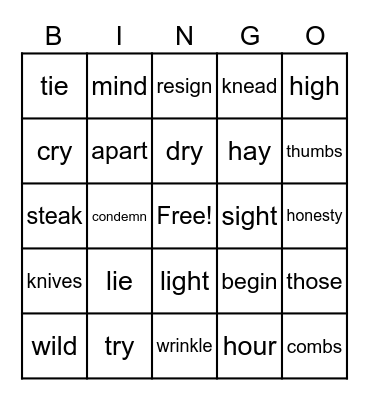 spelling Bingo Card