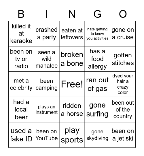 GETTING TO KNOW YOU BINGO Card