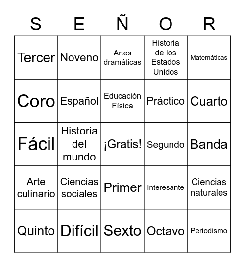School (Class) Vocab Bingo Card