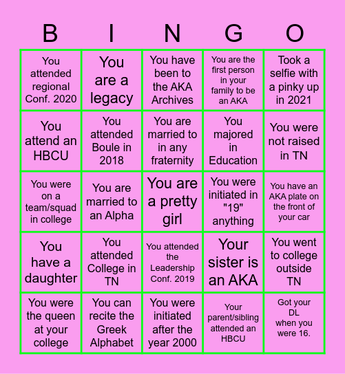 Pretty Girl Bingo Card
